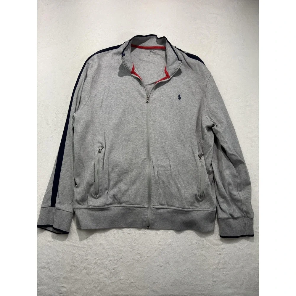 Polo Ralph Lauren Track Jacket Mens 2XL Gray French Terry Full Zip Sport Stripe